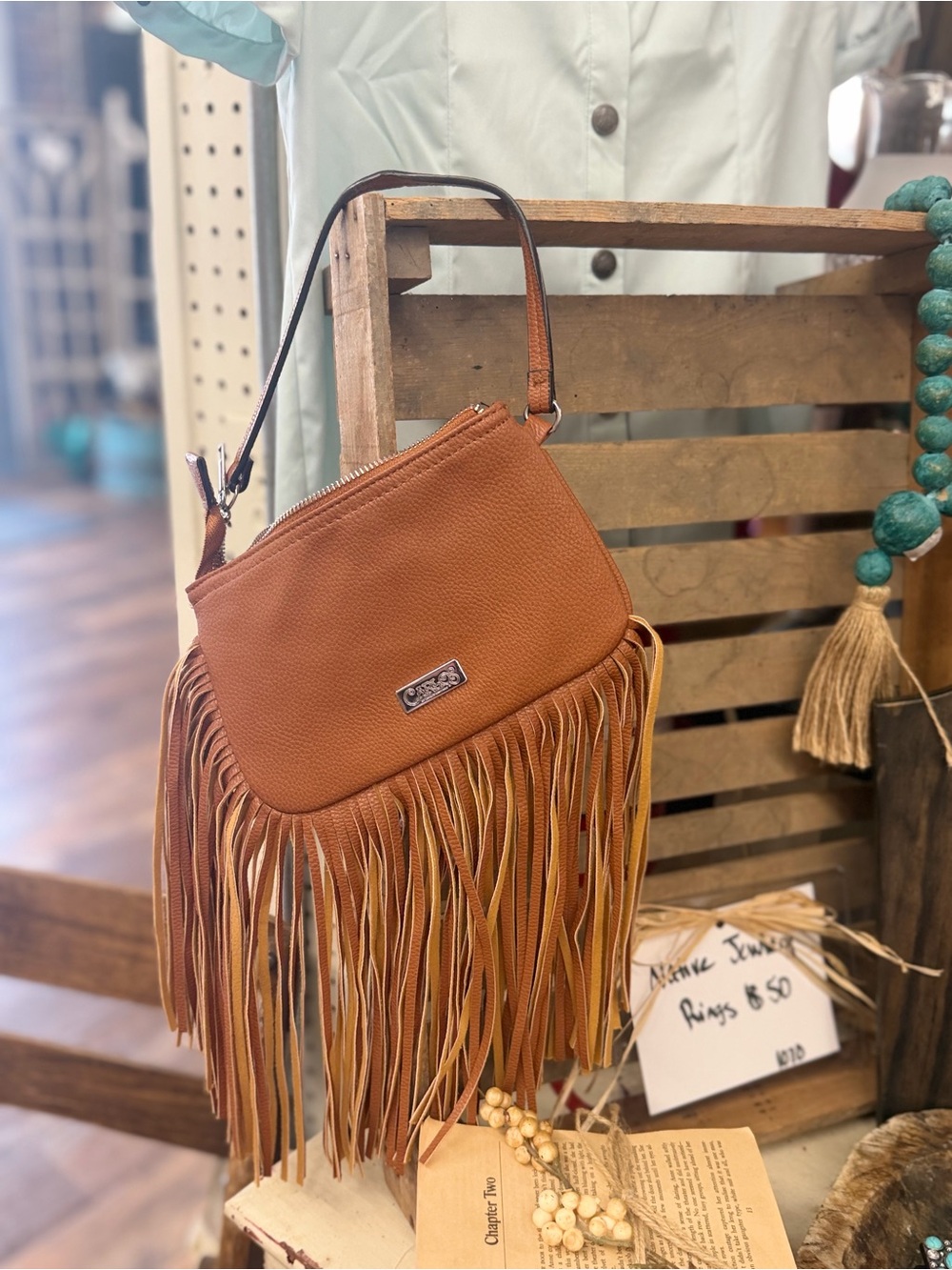 Carlos Santana Cognac Fringe Shoulder Bag
